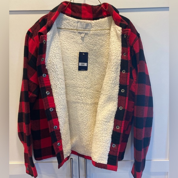 NWT Lucky Brand red & black, fleece lined jacket with pockets & button up front - Picture 3 of 9